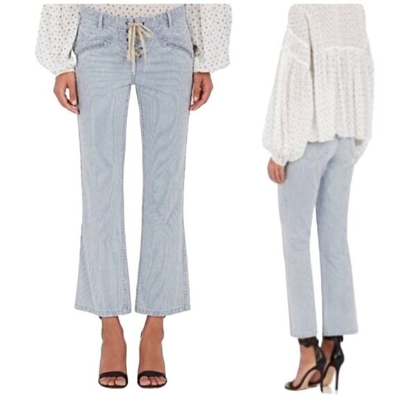 Ulla Johnson Blue And White Patria Striped Lace Up Cropped Jeans Size 0 - Picture 1 of 9